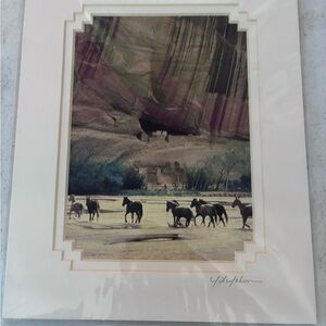 Vintage Majestic Horses Canyon Art Print with Cream Frame signed Yvonne Yokum